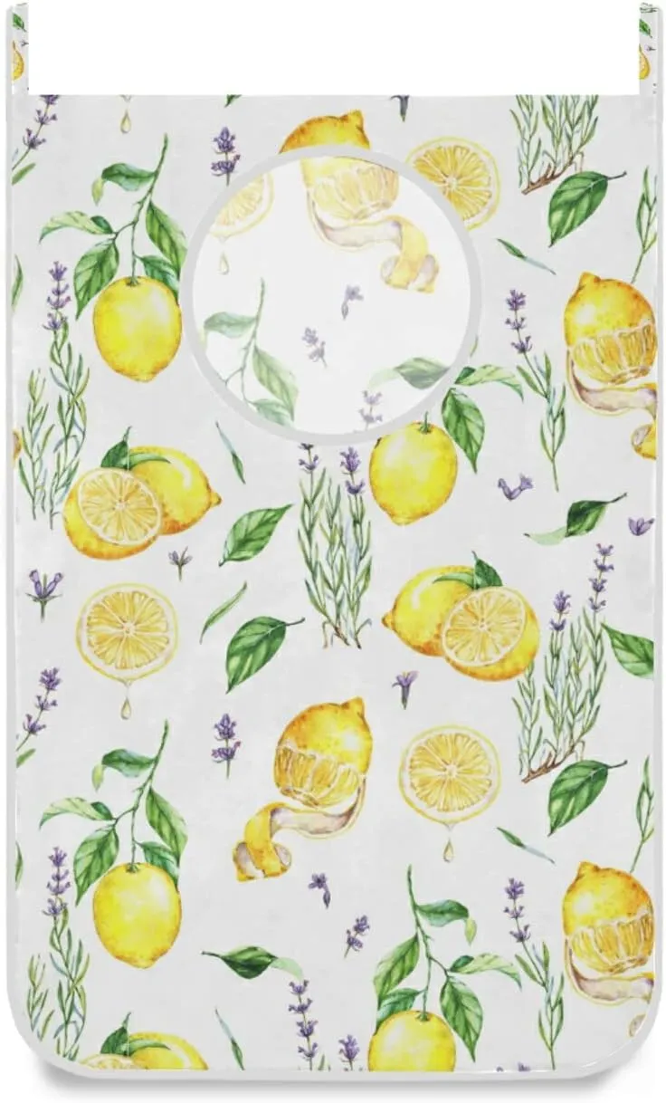 Hand Drawn Seamless Yellow Lemons Lavender Flowers Leaves on White Hanging Laundry Hamper Bag, Dirty Clothes Bag over the Door, Wall Cloth Basket with Hooks Storage Closet for Bathroom Bedroom