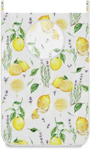 Hand Drawn Seamless Yellow Lemons Lavender Flowers Leaves on White Hanging Laundry Hamper Bag, Dirty Clothes Bag over the Door, Wall Cloth Basket with Hooks Storage Closet for Bathroom Bedroom