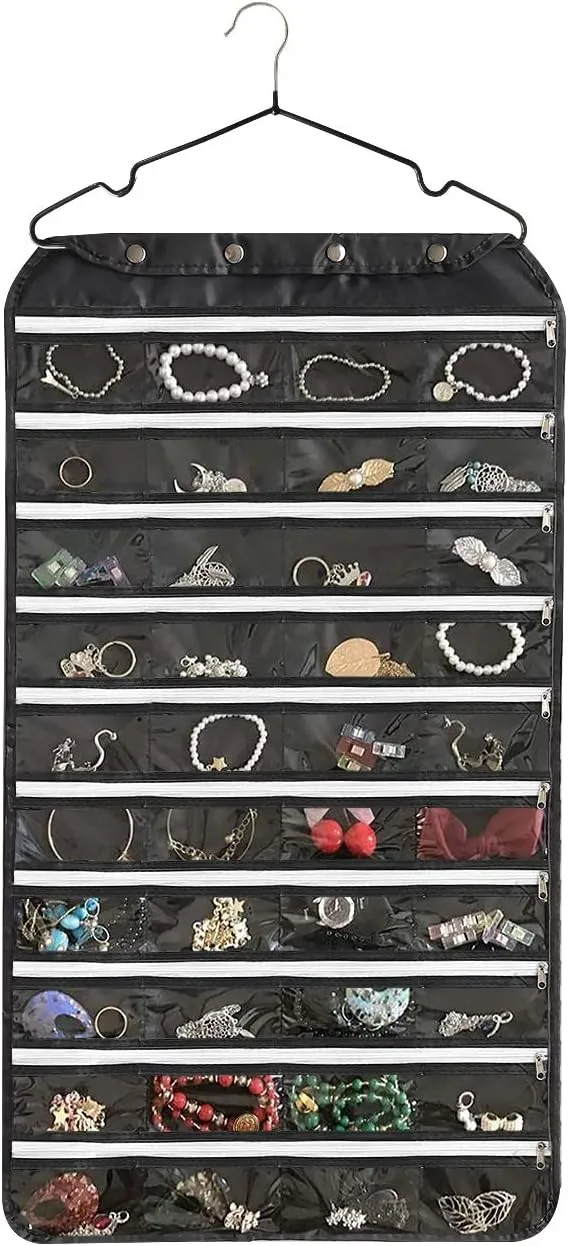 Hanging Jewelry Organizer with Oxford Double Side 80 Zippered Storage Pocket (black)
