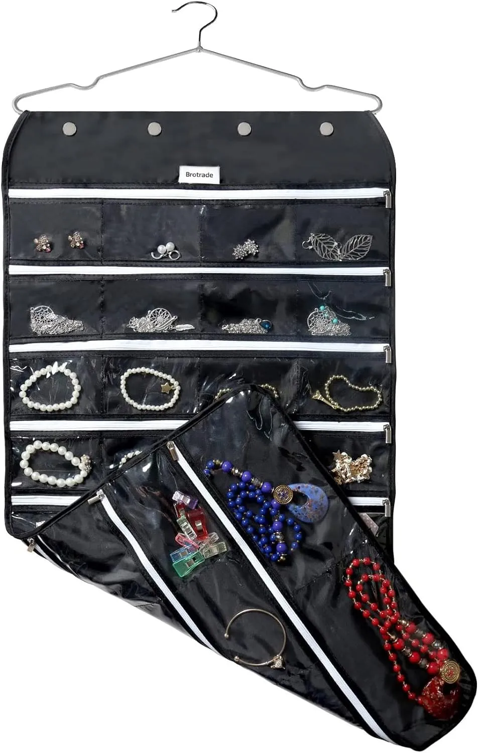 Hanging Jewelry Organizer,Accessories Organizer,56 Zipper Pocket Organizer for Holding Jewelries (Black-Zipper)