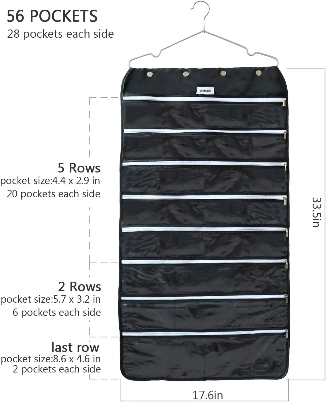 Hanging Jewelry Organizer,Accessories Organizer,56 Zipper Pocket Organizer for Holding Jewelries (Black-Zipper)