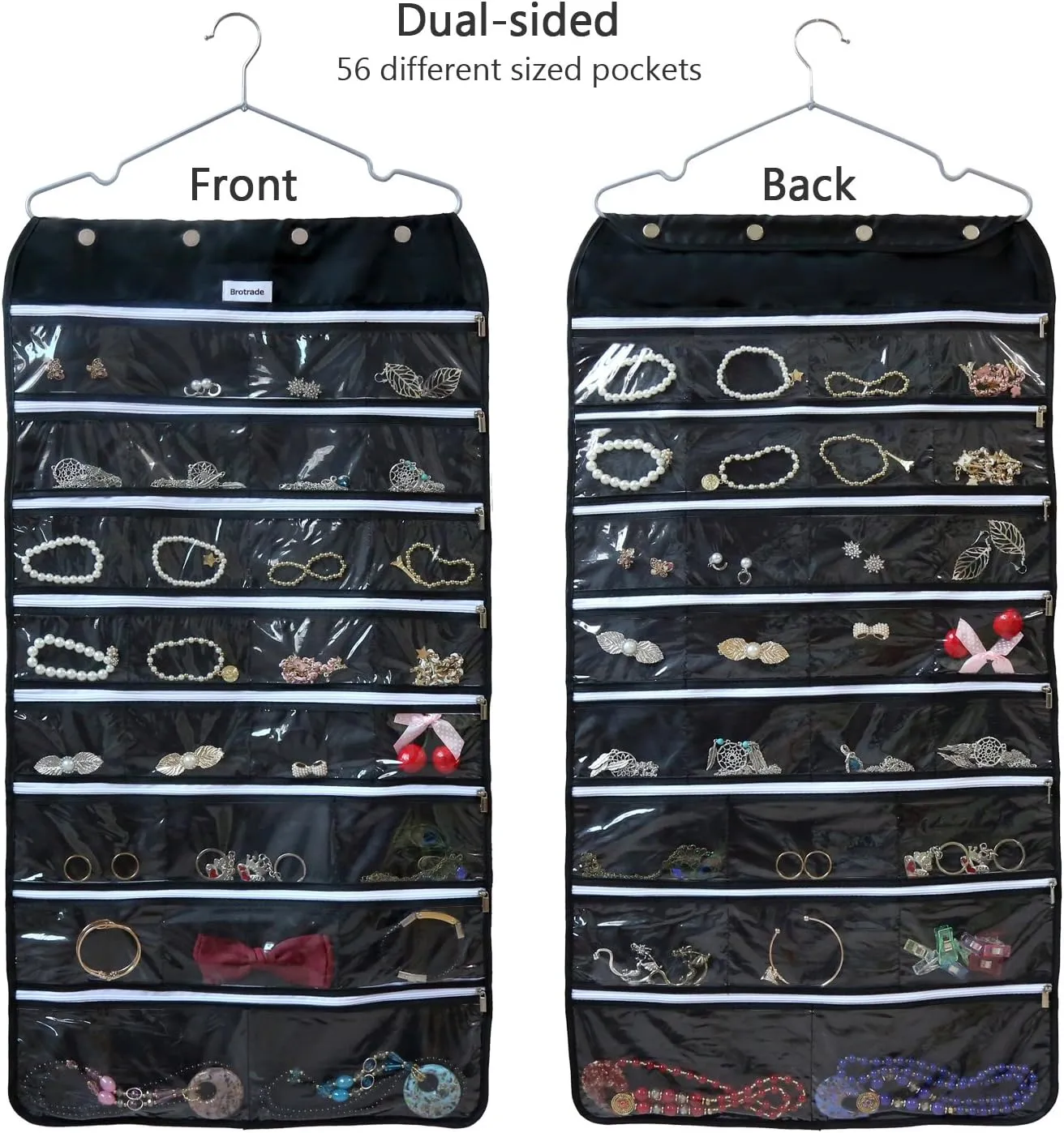 Hanging Jewelry Organizer,Accessories Organizer,56 Zipper Pocket Organizer for Holding Jewelries (Black-Zipper)