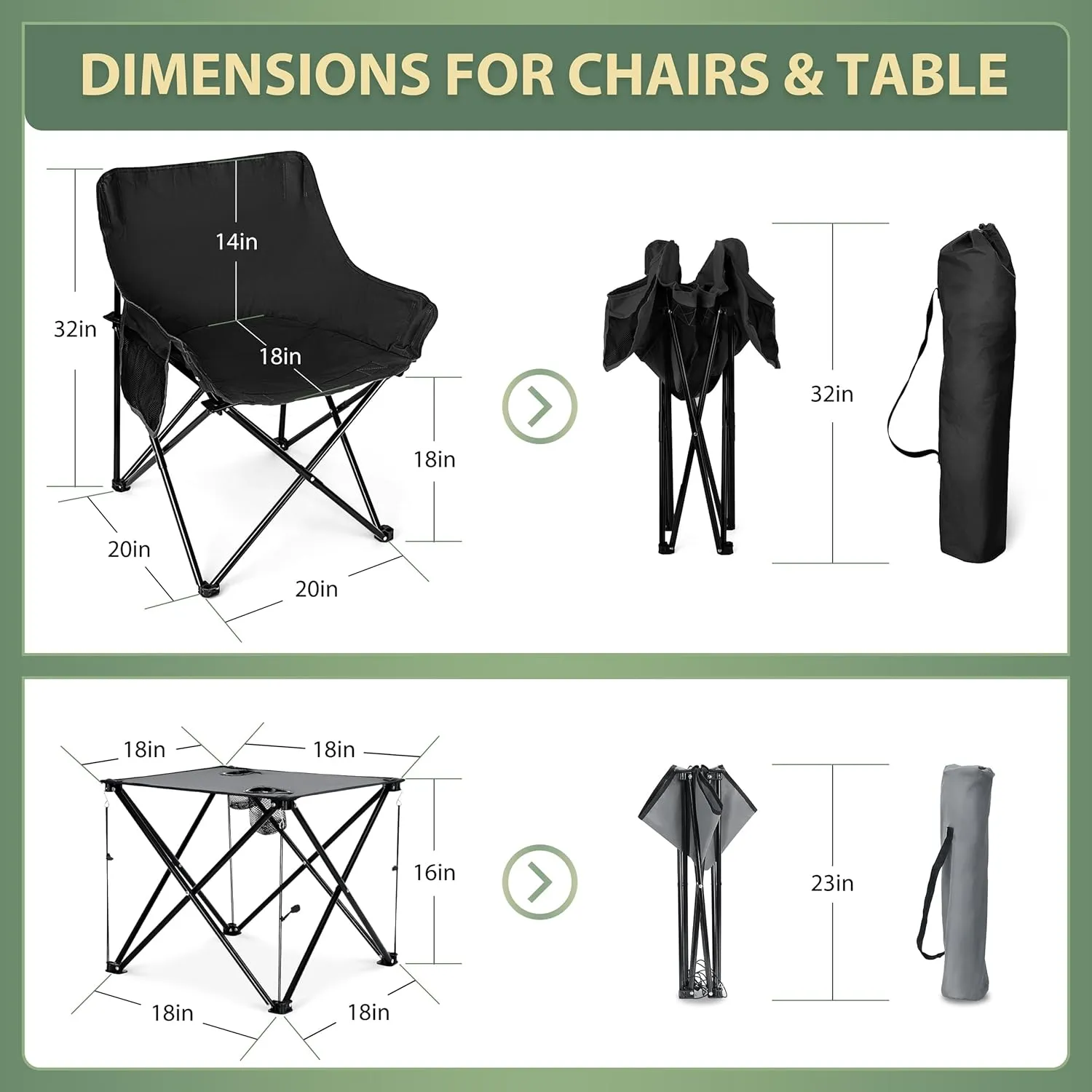 HaSteeL Camping Chairs Set for Adults, 2 Black Folding Moon Chairs & 1 Lightweight Camp Table, with Side Pockets & Cup Holders, Carrying Bags Portable for Outdoor Travel Beach Backyard Fishing Hiking
