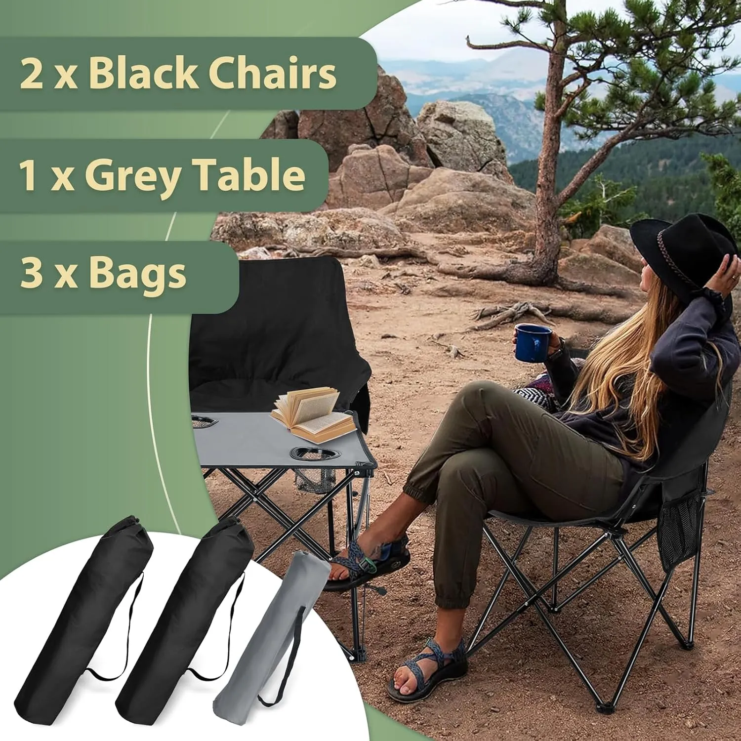 HaSteeL Camping Chairs Set for Adults, 2 Black Folding Moon Chairs & 1 Lightweight Camp Table, with Side Pockets & Cup Holders, Carrying Bags Portable for Outdoor Travel Beach Backyard Fishing Hiking