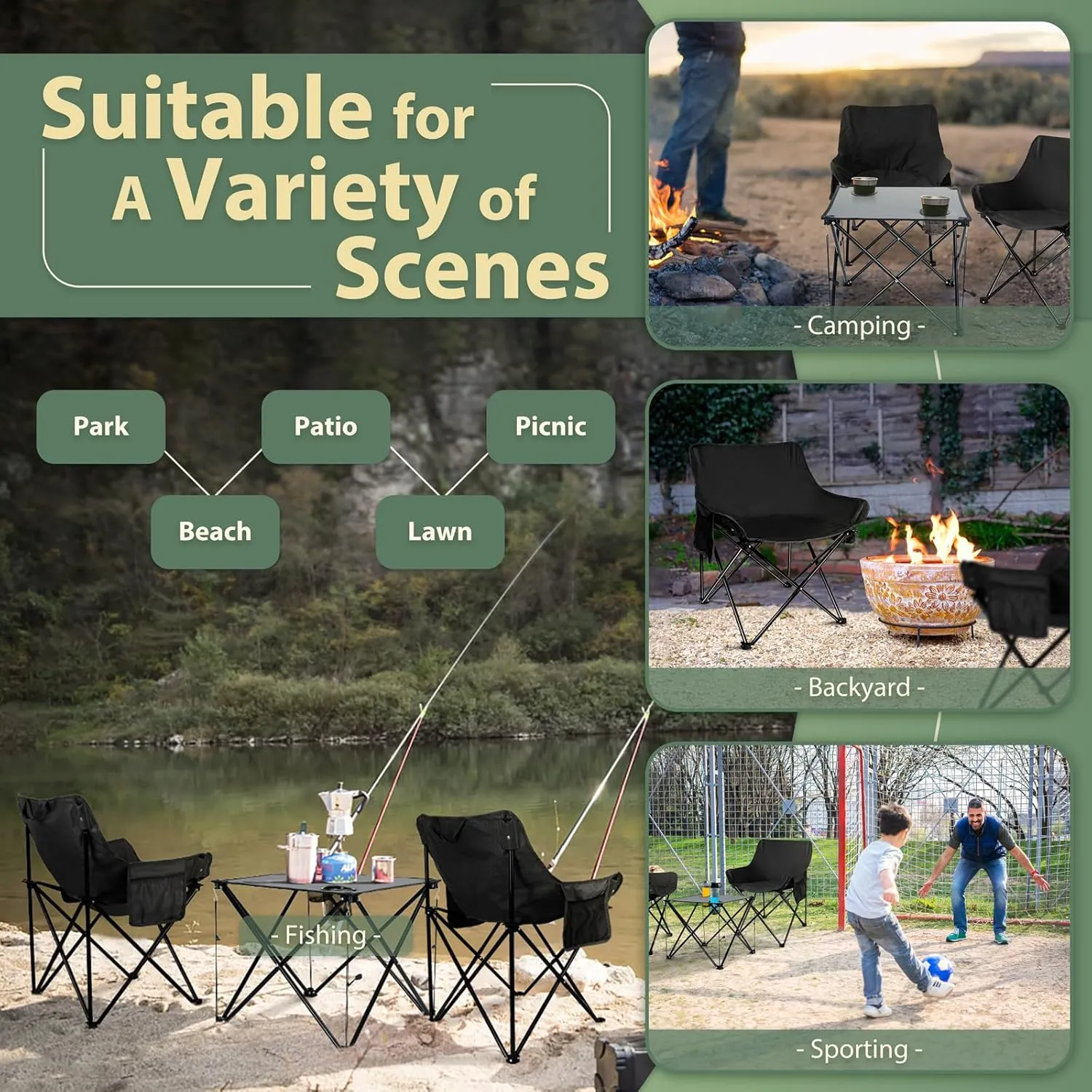 HaSteeL Camping Chairs Set for Adults, 2 Black Folding Moon Chairs & 1 Lightweight Camp Table, with Side Pockets & Cup Holders, Carrying Bags Portable for Outdoor Travel Beach Backyard Fishing Hiking