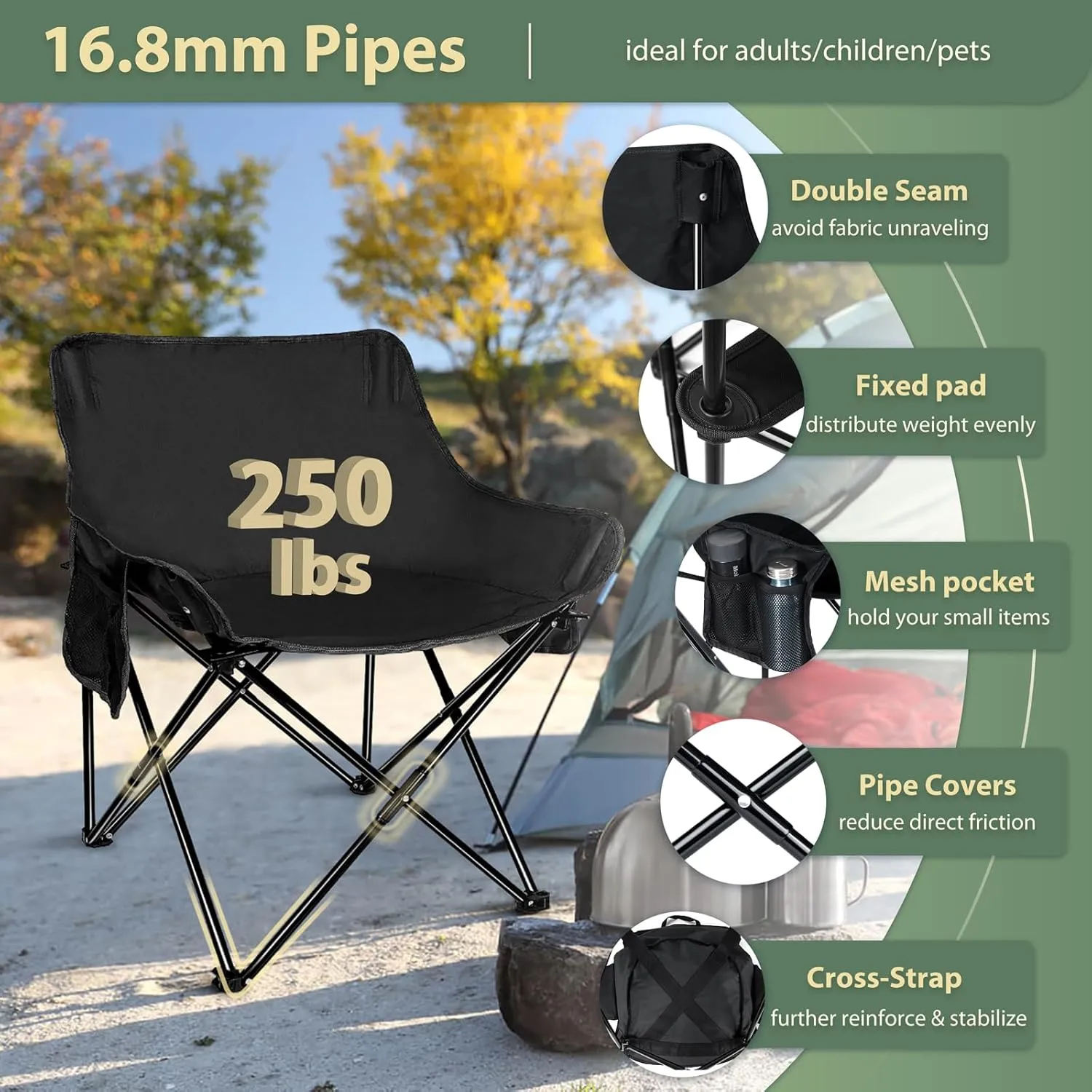 HaSteeL Camping Chairs Set for Adults, 2 Black Folding Moon Chairs & 1 Lightweight Camp Table, with Side Pockets & Cup Holders, Carrying Bags Portable for Outdoor Travel Beach Backyard Fishing Hiking