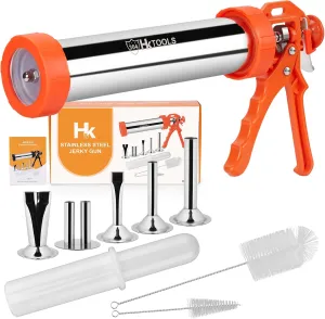HK Jerky Gun Kits, Jerky Maker Gun, Beef Jerky Gun, 2.5 Pound Stainless Steel Sausage Stuffer Jerky Making Gun with 5 Stainless Nozzles, 2 Cleaning Brushes, 1 Stomper