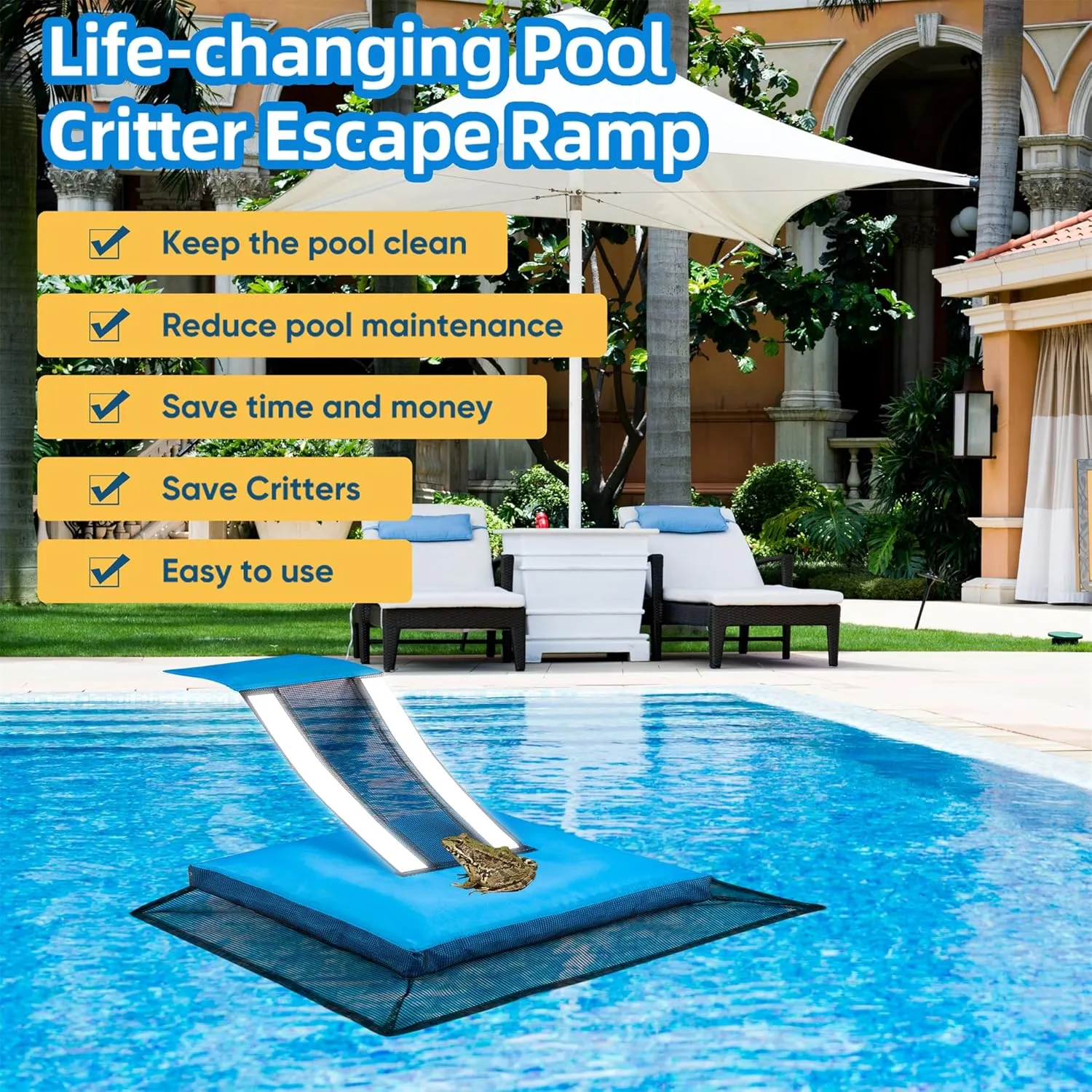 HKZ Pool Critter Animal Escape Ramp - 2Pack Critter Frog Saver Log for Swimming Pool with Reflective Strips, Wildlife Frog Pool Saver Floating Escape Device for Small Critters Squirrel Lizards (Blue)