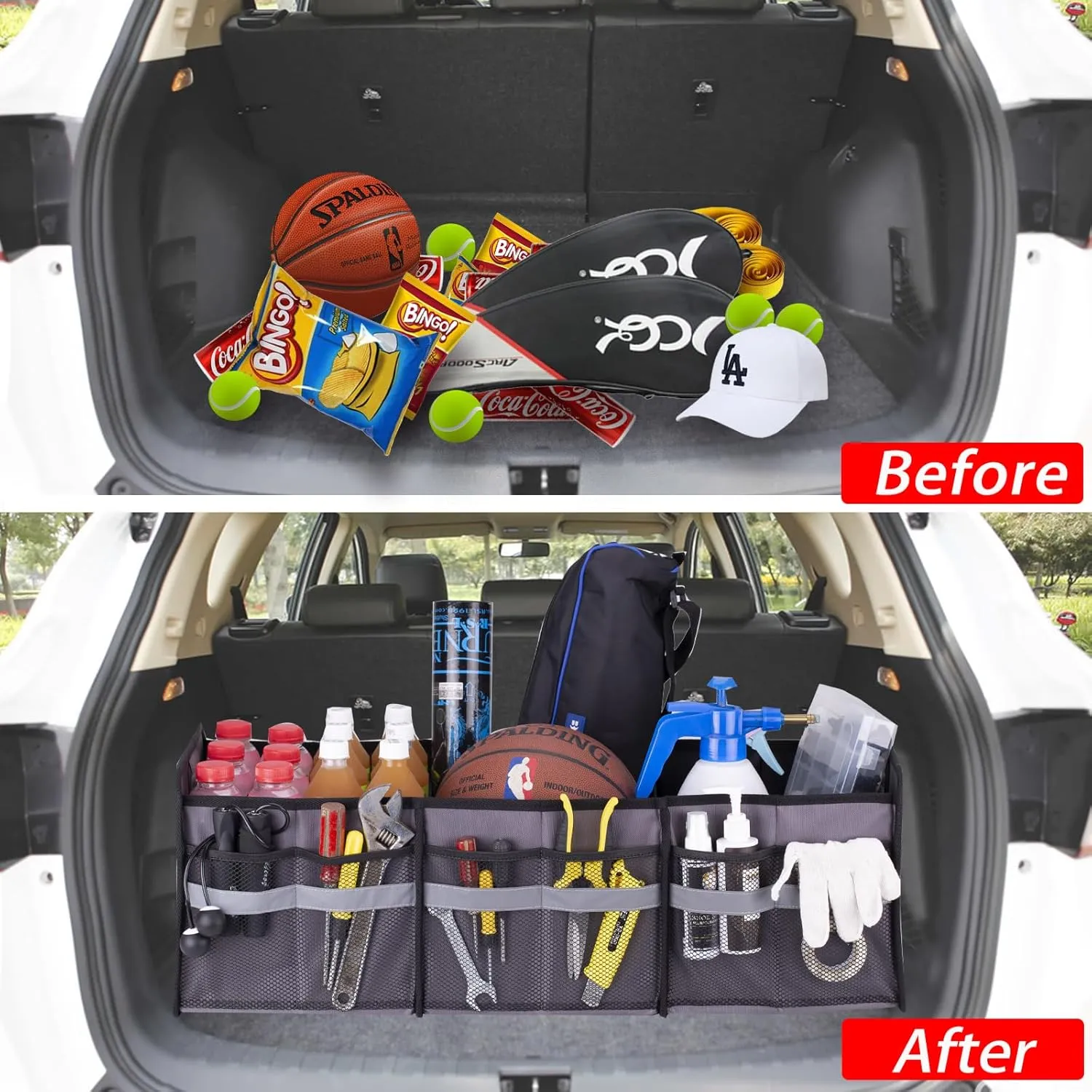 Homeve Large Collapsible Trunk Organizer with Multi Pockets, 3 Compartments Storage Organizer for Car, SUV, Minivan, Reinforced Handles, Foldable and Waterproof (Black, 3 Compart-Large)…