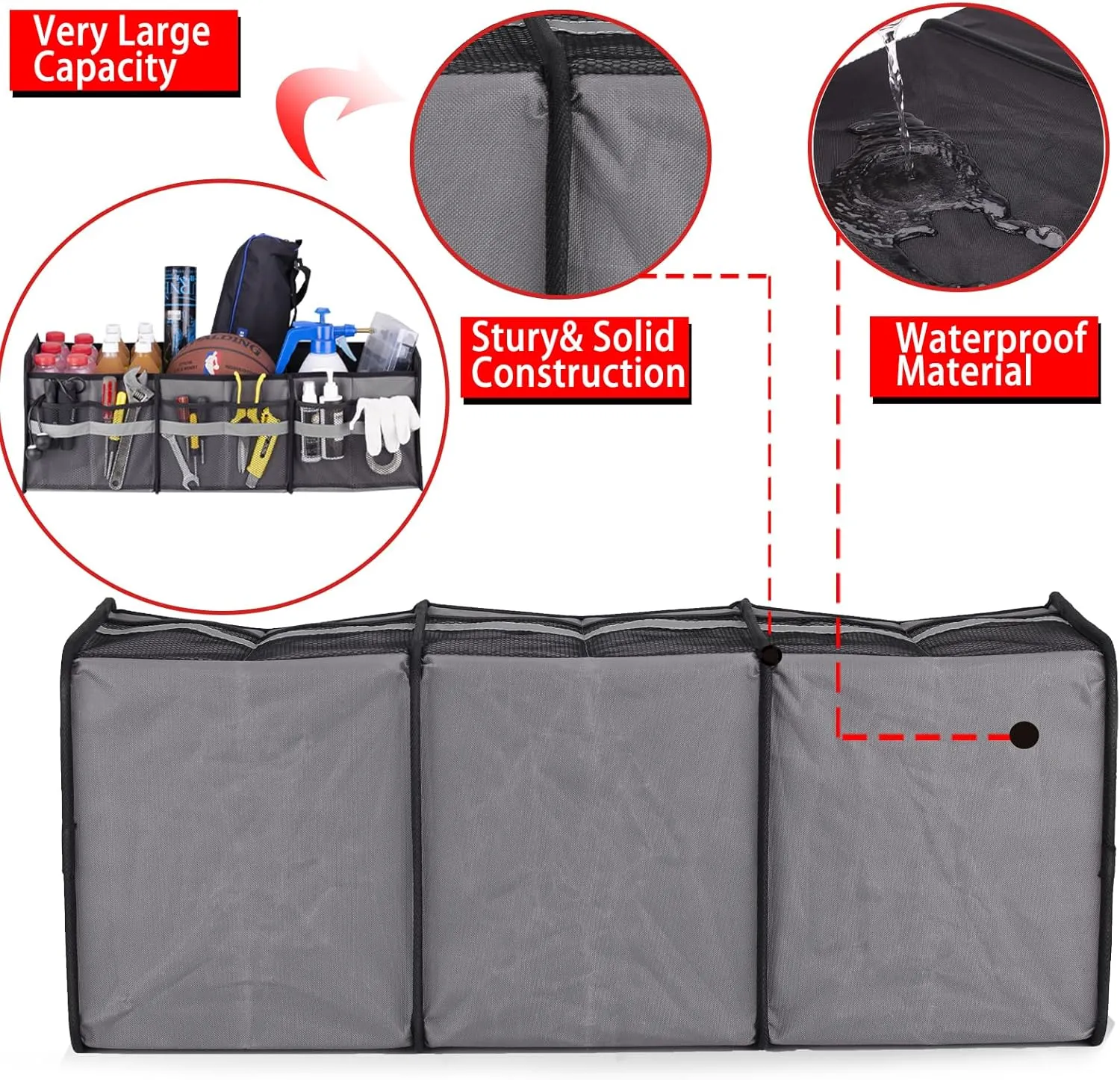 Homeve Large Collapsible Trunk Organizer with Multi Pockets, 3 Compartments Storage Organizer for Car, SUV, Minivan, Reinforced Handles, Foldable and Waterproof (Black, 3 Compart-Large)…