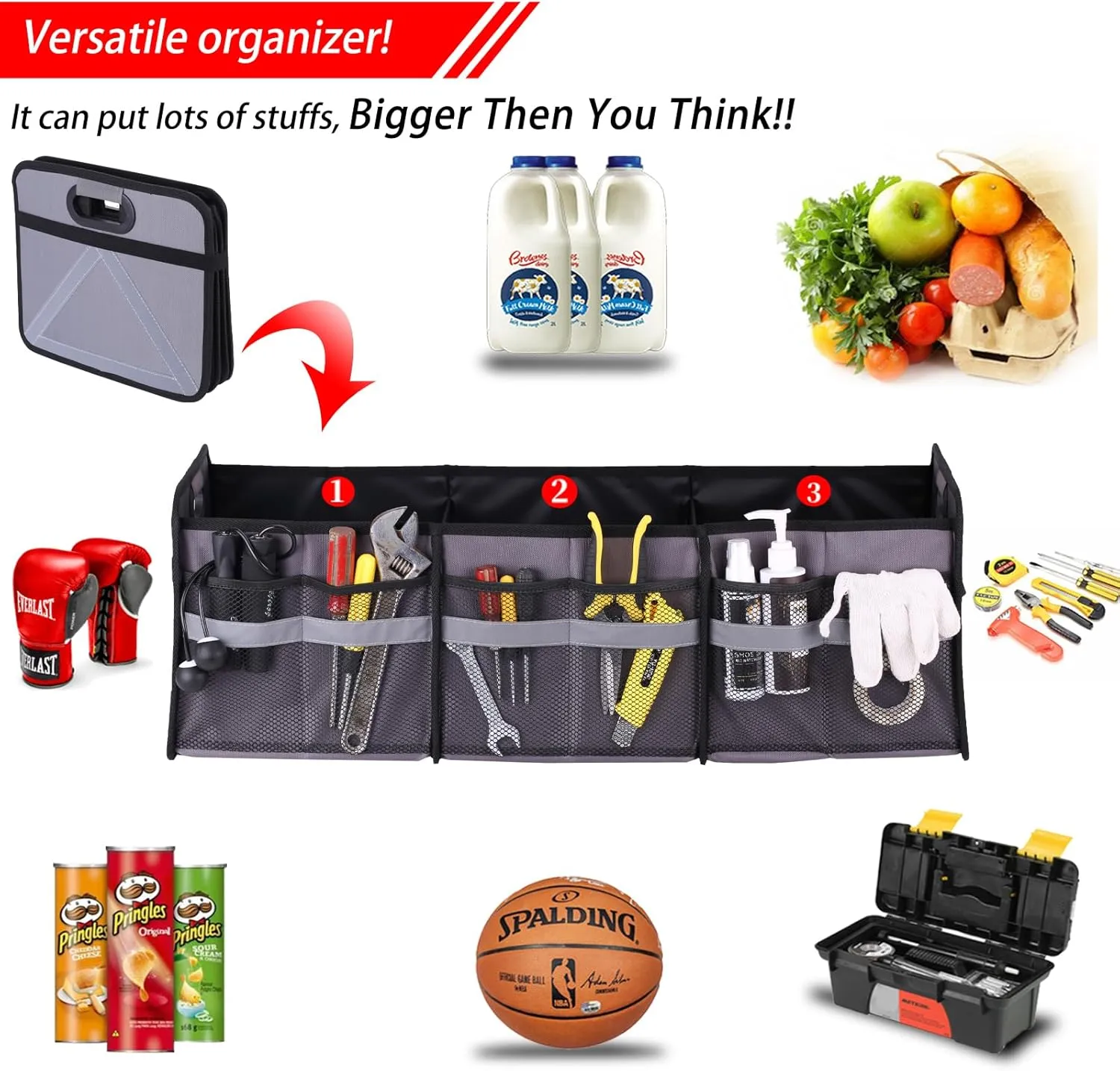 Homeve Large Collapsible Trunk Organizer with Multi Pockets, 3 Compartments Storage Organizer for Car, SUV, Minivan, Reinforced Handles, Foldable and Waterproof (Black, 3 Compart-Large)…