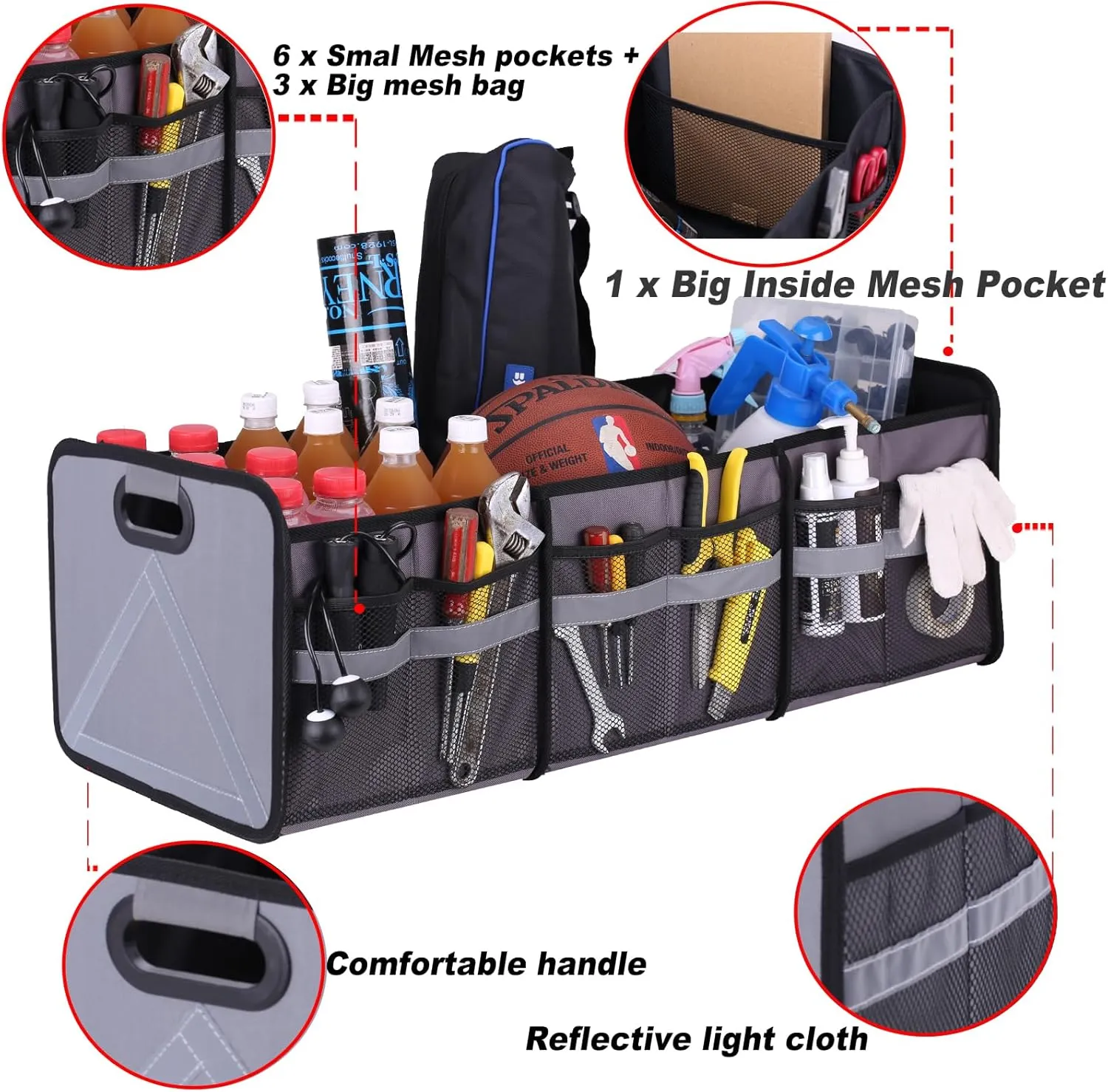 Homeve Large Collapsible Trunk Organizer with Multi Pockets, 3 Compartments Storage Organizer for Car, SUV, Minivan, Reinforced Handles, Foldable and Waterproof (Black, 3 Compart-Large)…