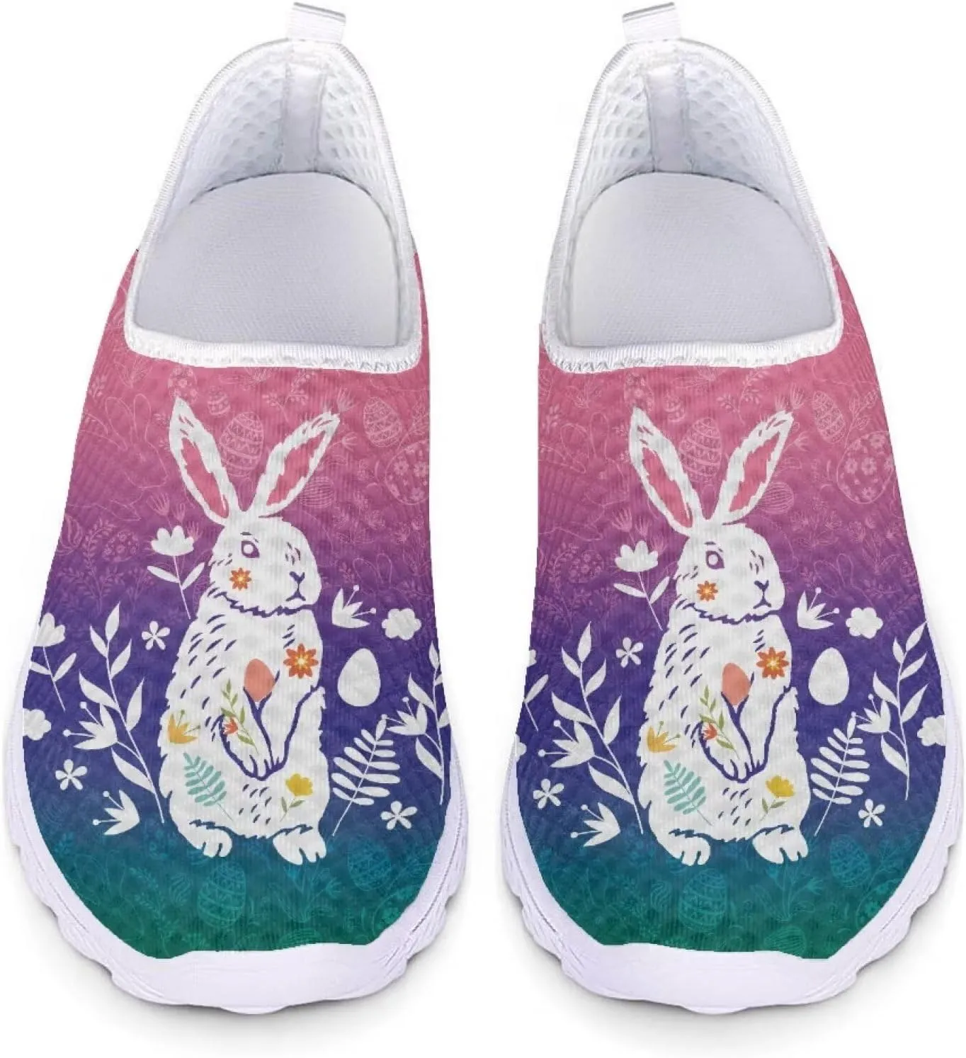 HUIACONG Easter Rabbit Walking Shoes for Women Lightweight Slip On Flat Gradient Ladies Tennis Shoes Size 13.5 Casual Breathable Sneakers Gym Yoga Shoes Loafers Comfy Mesh Running Footwear