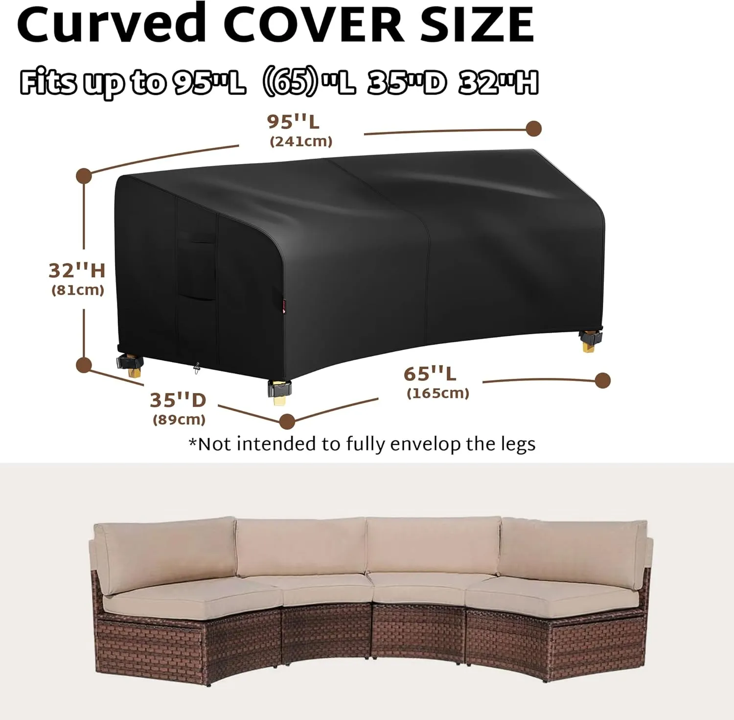 iBirdie Outdoor Sectional Cover for 96" Back 65" Front Curved Shaped Patio Sofa Waterproof Weatherproof 600D Heavy Duty Garden Furniture Cover for Outside Sectional Couch