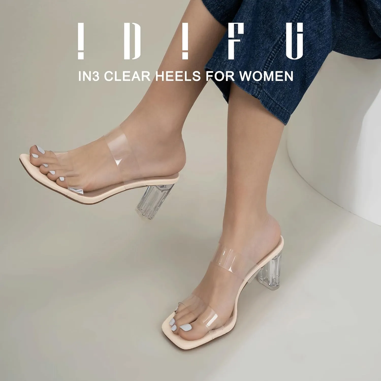 IDIFU IN3 Clear Heels for Women Transparent Two Strap Low Chunky Block Heels Square Open Toe Slides Heeled Sandals Wedding Prom Party Dress Shoes Comfortable Slip On Mule Heels