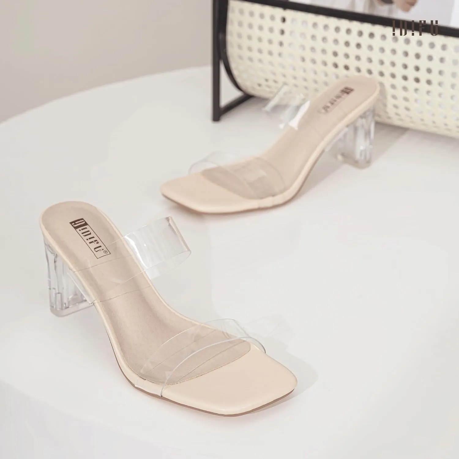 IDIFU IN3 Clear Heels for Women Transparent Two Strap Low Chunky Block Heels Square Open Toe Slides Heeled Sandals Wedding Prom Party Dress Shoes Comfortable Slip On Mule Heels