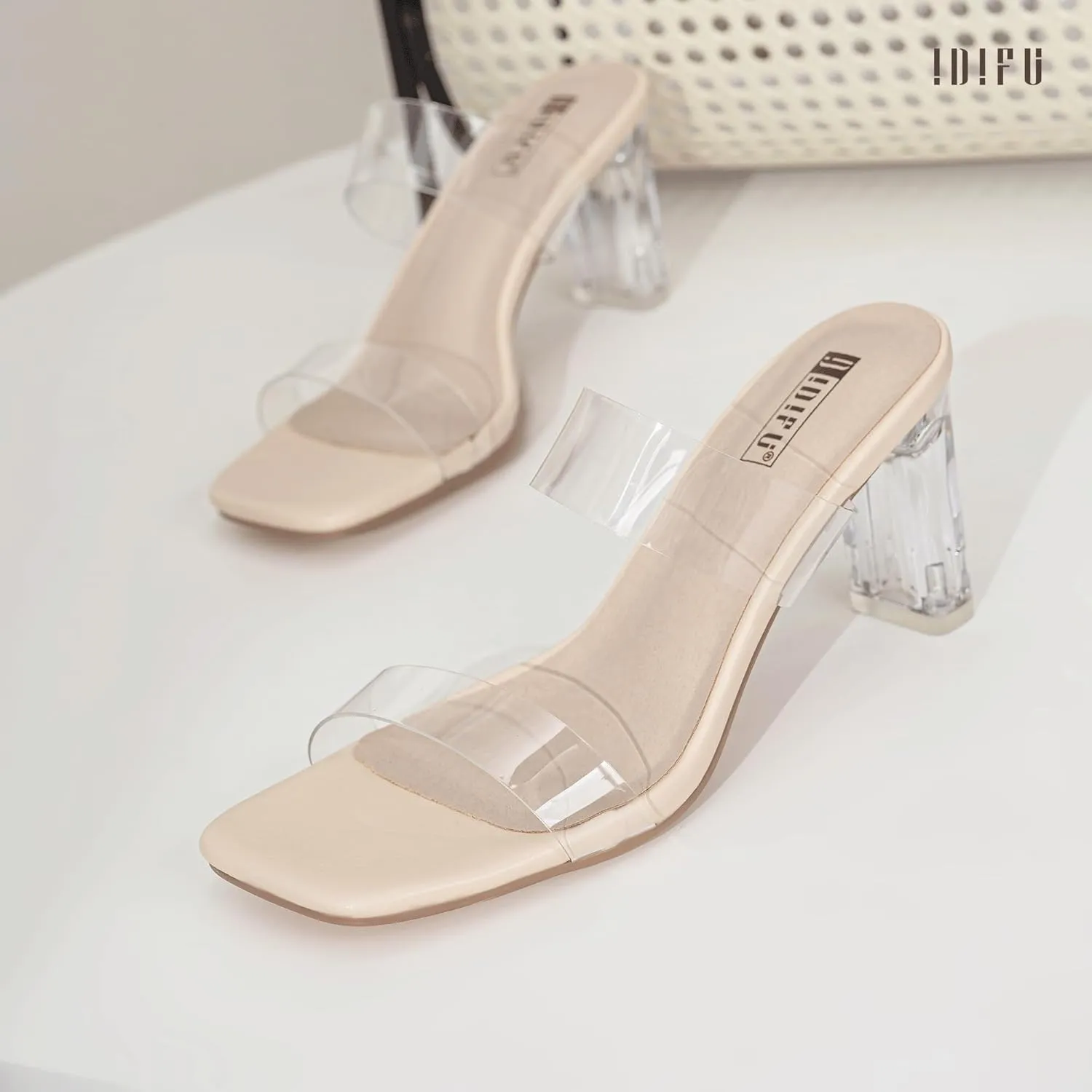 IDIFU IN3 Clear Heels for Women Transparent Two Strap Low Chunky Block Heels Square Open Toe Slides Heeled Sandals Wedding Prom Party Dress Shoes Comfortable Slip On Mule Heels