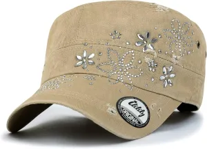 ililily Rhinestone Cotton Cadet Cap Vintage Distressed Cotton Military Army Hat