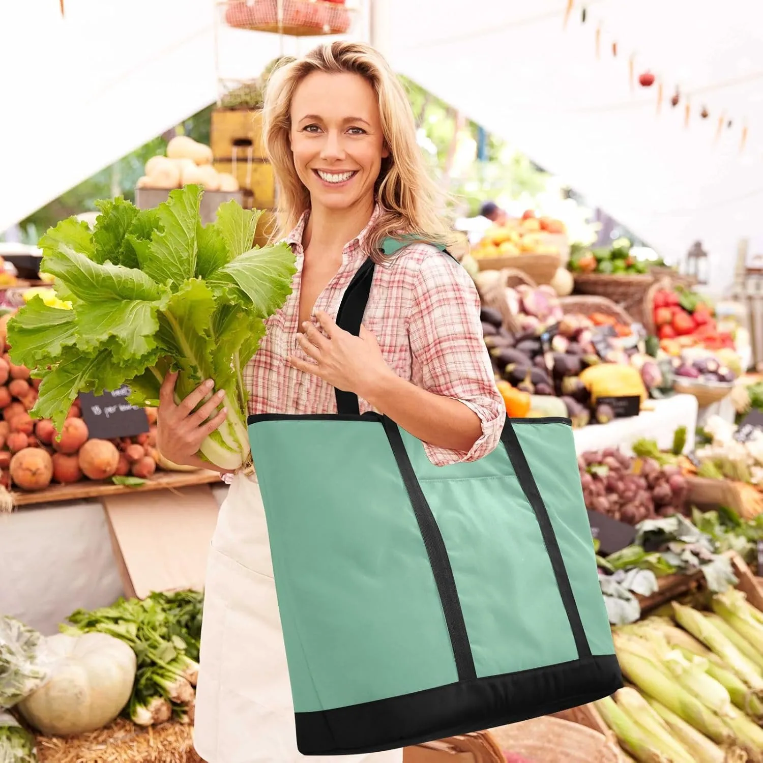 Insulated Cooler Tote Bag Keeps Food Hot or Cold Reusable Shopping Bags for Groceries with Zipper for Beach Travel Picnics