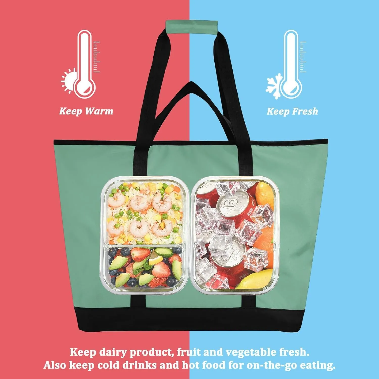 Insulated Cooler Tote Bag Keeps Food Hot or Cold Reusable Shopping Bags for Groceries with Zipper for Beach Travel Picnics