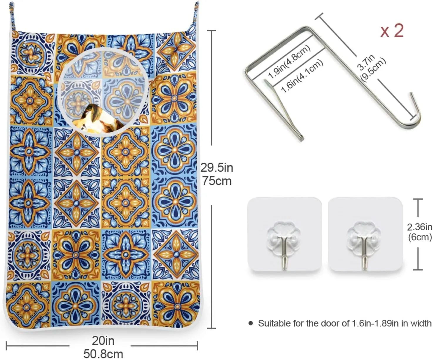 Italian Mexican Ceramic Tiles Blue Gold Orange Pottery Ethnic Folk Hanging Laundry Hamper Bag, Dirty Clothes Bag Over The Door, Wall Cloth Basket with Hooks Storage Closet for Bathroom Bedroom