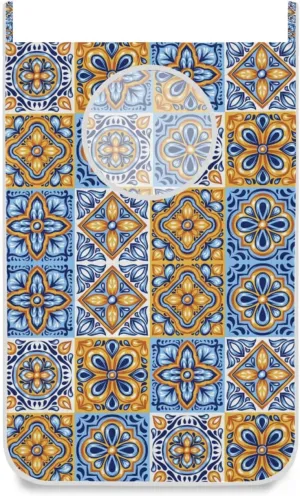 Italian Mexican Ceramic Tiles Blue Gold Orange Pottery Ethnic Folk Hanging Laundry Hamper Bag, Dirty Clothes Bag Over The Door, Wall Cloth Basket with Hooks Storage Closet for Bathroom Bedroom