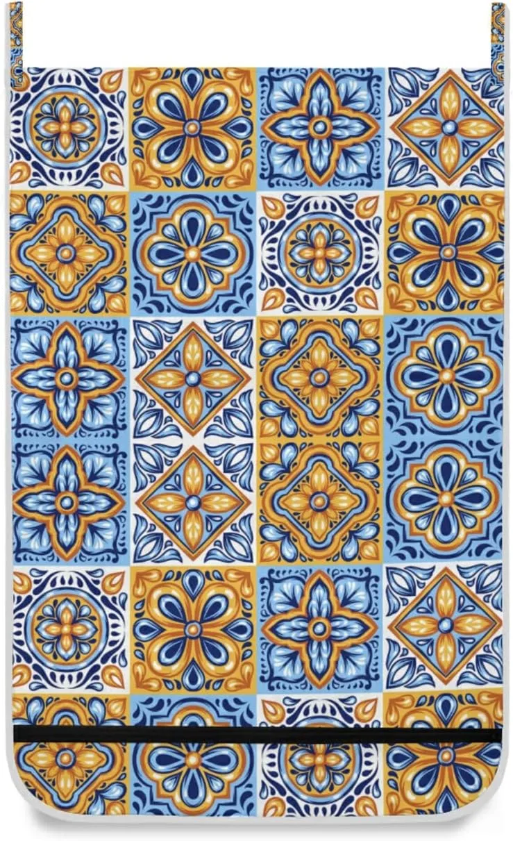 Italian Mexican Ceramic Tiles Blue Gold Orange Pottery Ethnic Folk Hanging Laundry Hamper Bag, Dirty Clothes Bag Over The Door, Wall Cloth Basket with Hooks Storage Closet for Bathroom Bedroom