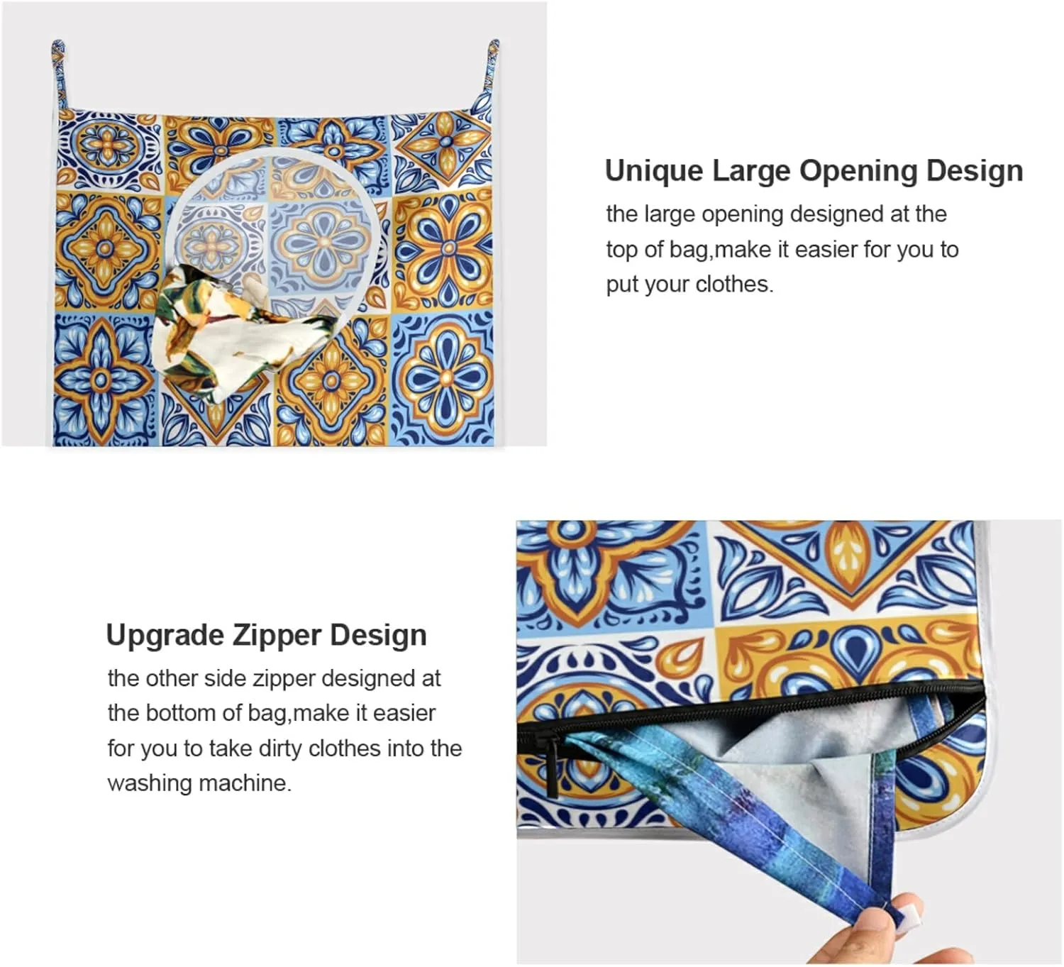 Italian Mexican Ceramic Tiles Blue Gold Orange Pottery Ethnic Folk Hanging Laundry Hamper Bag, Dirty Clothes Bag Over The Door, Wall Cloth Basket with Hooks Storage Closet for Bathroom Bedroom