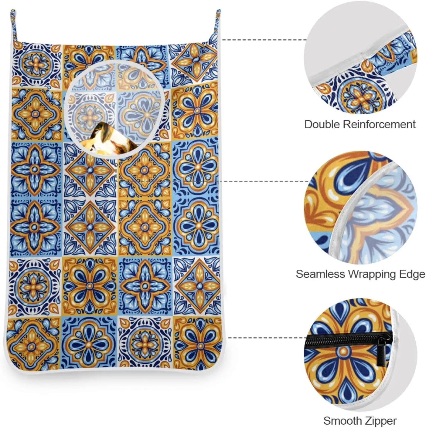 Italian Mexican Ceramic Tiles Blue Gold Orange Pottery Ethnic Folk Hanging Laundry Hamper Bag, Dirty Clothes Bag Over The Door, Wall Cloth Basket with Hooks Storage Closet for Bathroom Bedroom