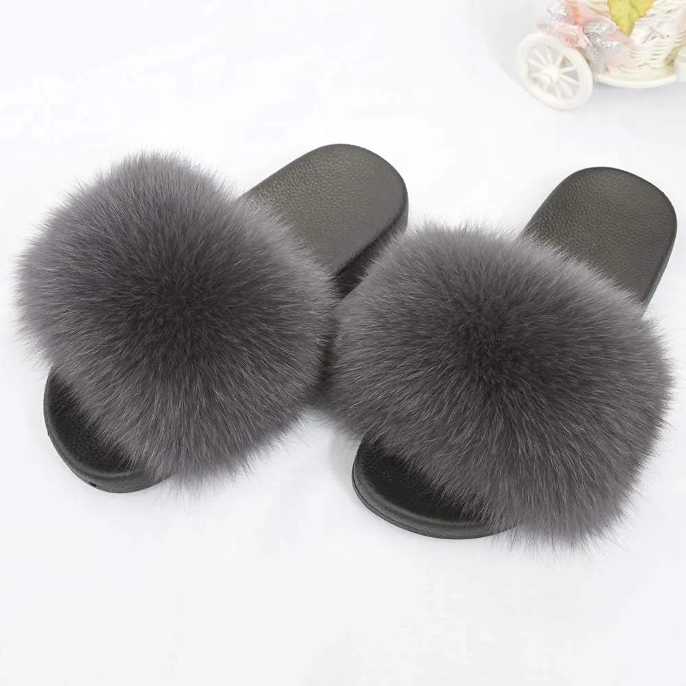 Jancoco Max Real Fox Fur Slides for Women - Fluffy Fur Slippers Open Toe Flat Sandals for Outdoor