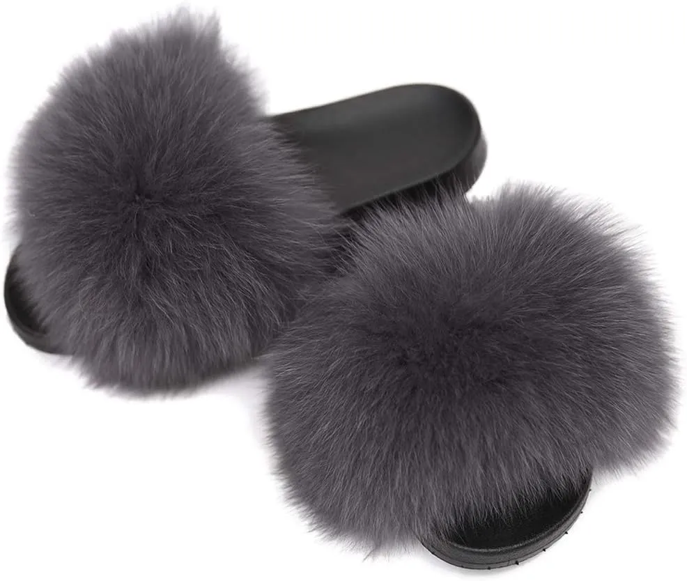 Jancoco Max Real Fox Fur Slides for Women - Fluffy Fur Slippers Open Toe Flat Sandals for Outdoor