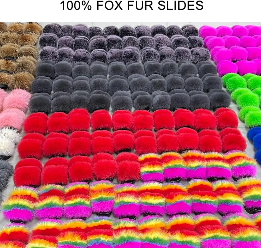 Jancoco Max Real Fox Fur Slides for Women - Fluffy Fur Slippers Open Toe Flat Sandals for Outdoor