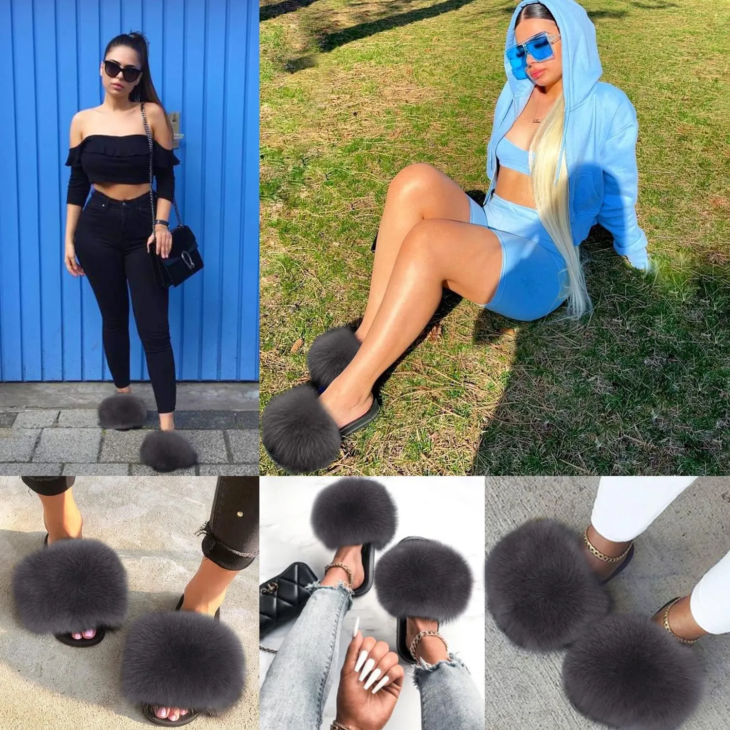 Jancoco Max Real Fox Fur Slides for Women - Fluffy Fur Slippers Open Toe Flat Sandals for Outdoor