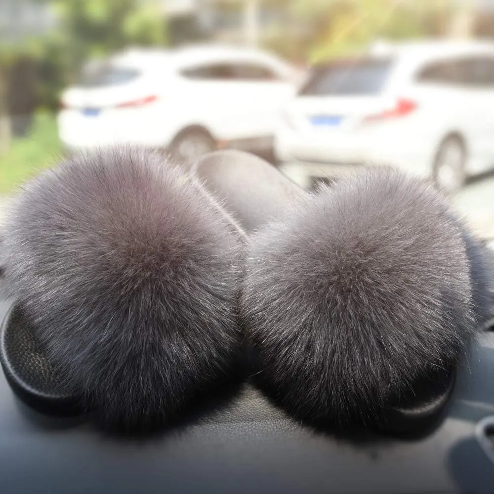 Jancoco Max Real Fox Fur Slides for Women - Fluffy Fur Slippers Open Toe Flat Sandals for Outdoor