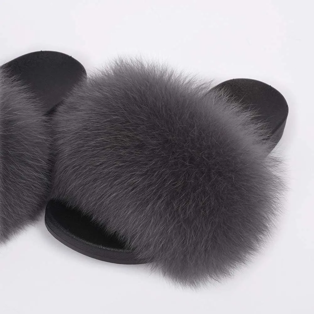Jancoco Max Real Fox Fur Slides for Women - Fluffy Fur Slippers Open Toe Flat Sandals for Outdoor