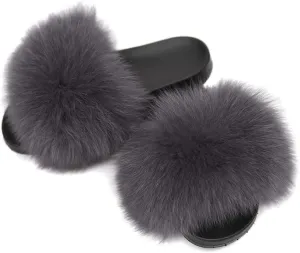 Jancoco Max Real Fox Fur Slides for Women - Fluffy Fur Slippers Open Toe Flat Sandals for Outdoor