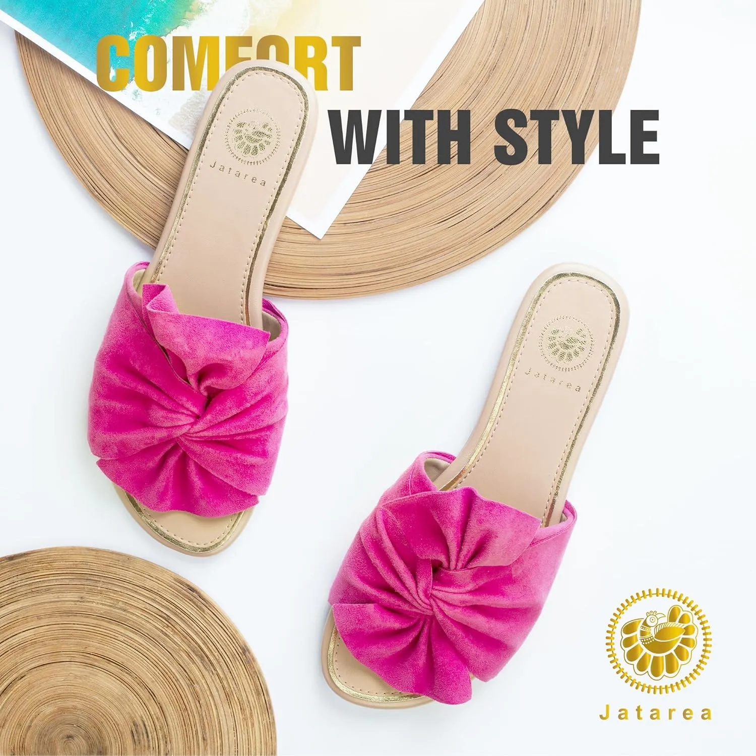 JATAREA Women’s Slip-On Flat Sandals with Round Open Toe | Casual Leather Slides for Comfort in Summer | Classic and Trendy Slippers, Dressy Slides for Women Perfect for Daily Go Out - AHANA