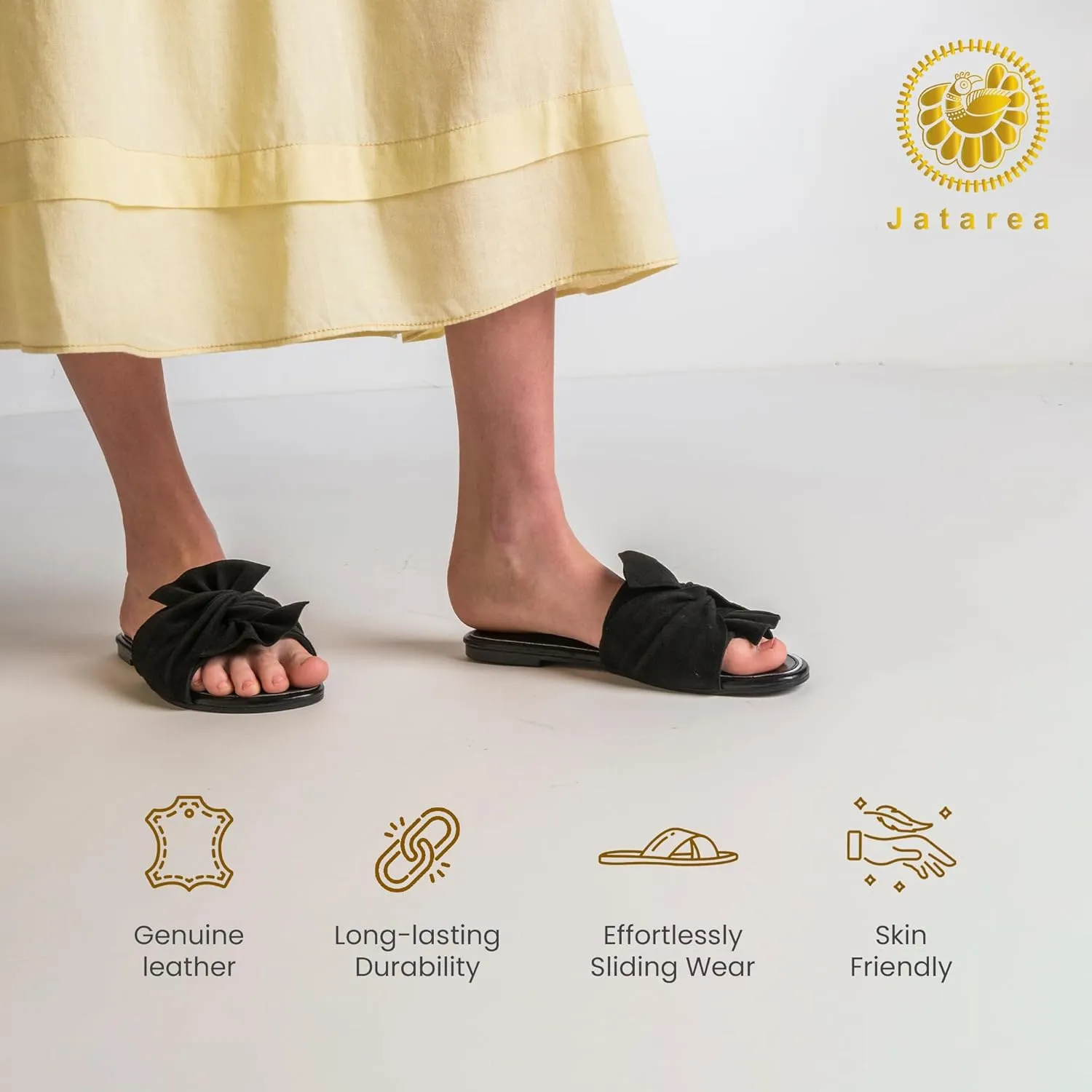 JATAREA Women’s Slip-On Flat Sandals with Round Open Toe | Casual Leather Slides for Comfort in Summer | Classic and Trendy Slippers, Dressy Slides for Women Perfect for Daily Go Out - AHANA
