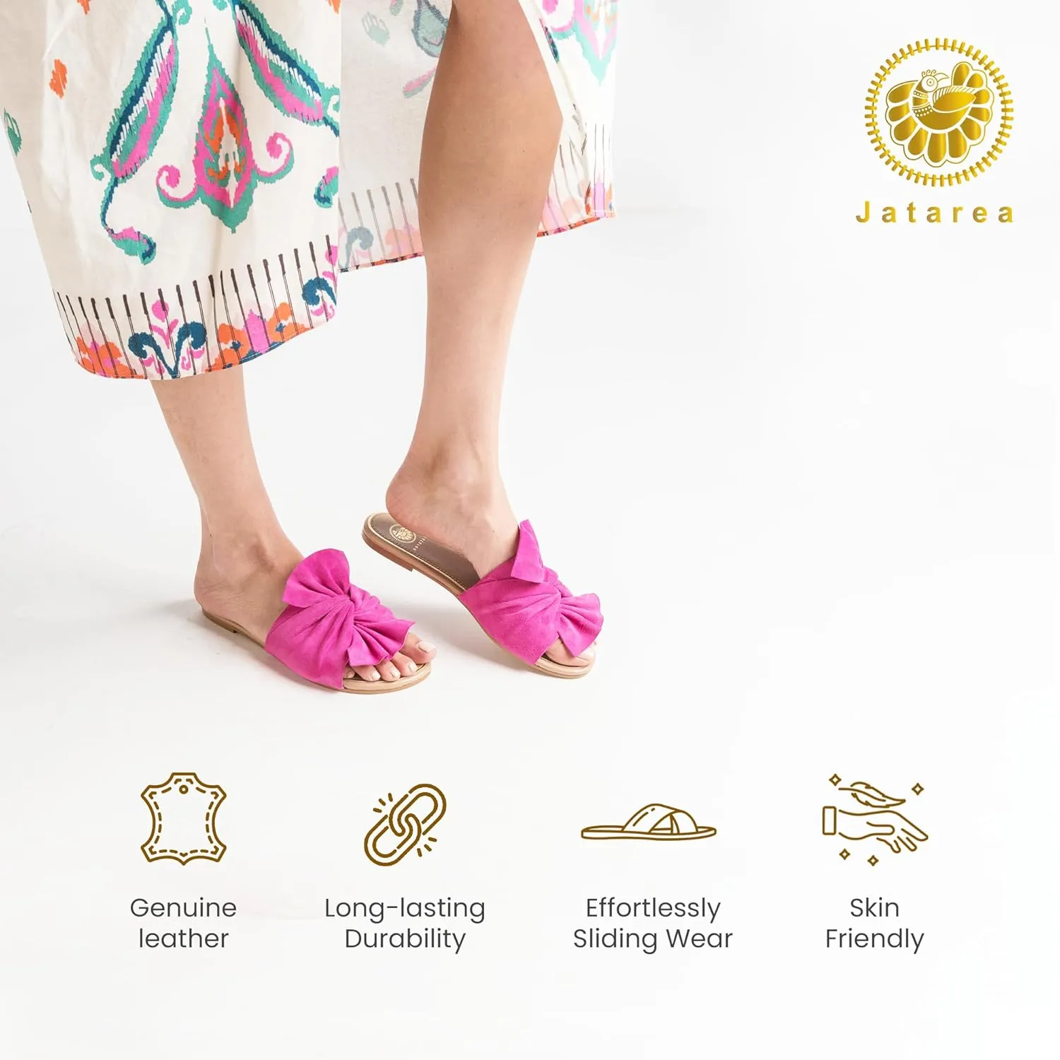 JATAREA Women’s Slip-On Flat Sandals with Round Open Toe | Casual Leather Slides for Comfort in Summer | Classic and Trendy Slippers, Dressy Slides for Women Perfect for Daily Go Out - AHANA