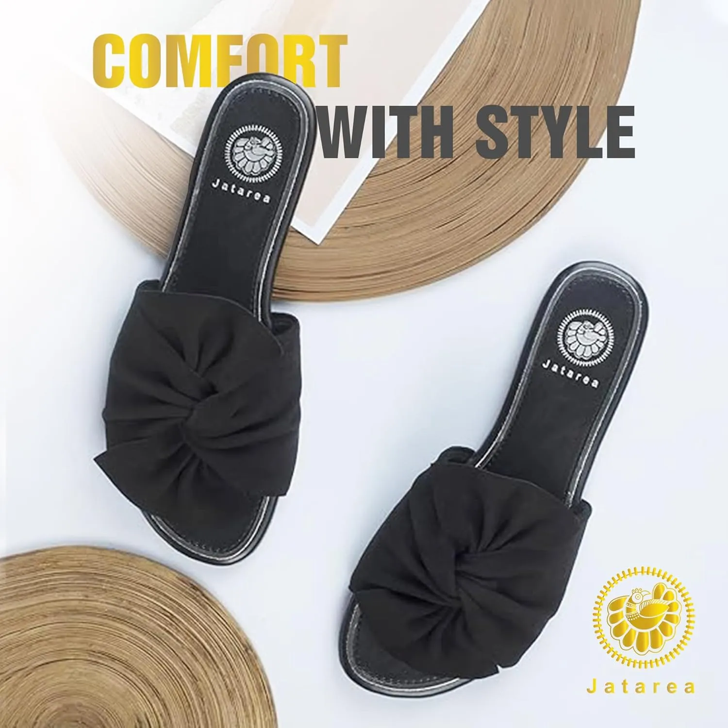 JATAREA Women’s Slip-On Flat Sandals with Round Open Toe | Casual Leather Slides for Comfort in Summer | Classic and Trendy Slippers, Dressy Slides for Women Perfect for Daily Go Out - AHANA
