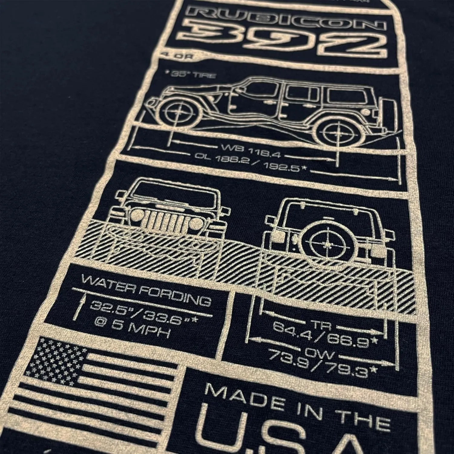 Jeep Wrangler JL 392 Rubicon Spec Plate T-Shirt – Black – V8 Performance Graphic – Grille Sleeve Logo – Licensed Gear
