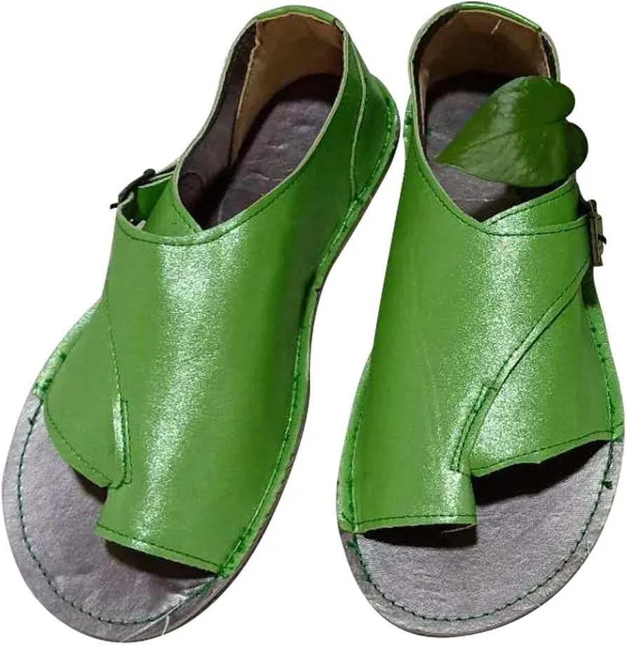 JITUUE Flat Sandals for Women Low Heels Vintage Leather Open-toe Slip on Summer Shoes Buckle Ankle Wrap
