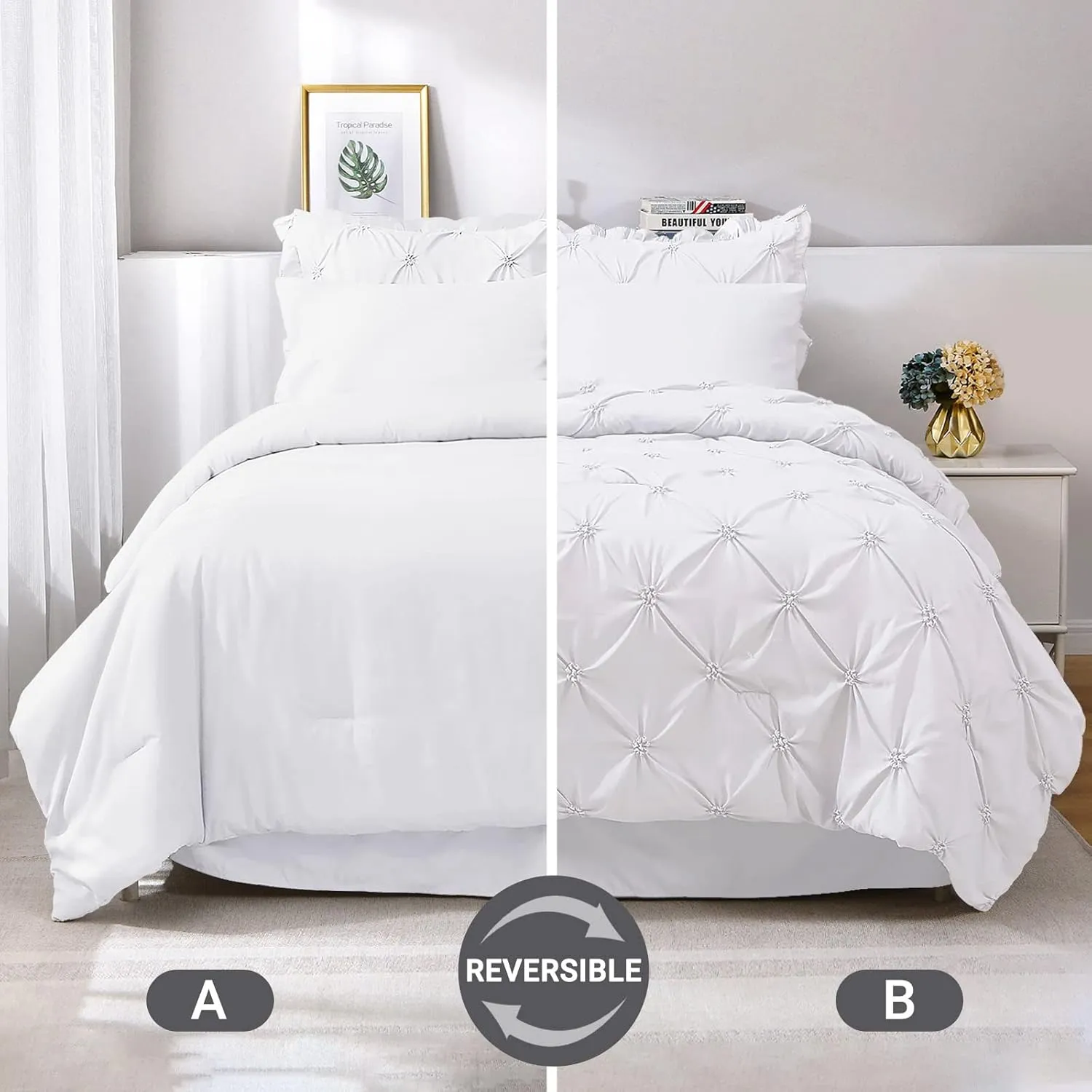JOLLYVOGUE King Size Comforter Set 7 Pieces,White Bed in a Bag Comforter Set for Bedroom, Beddding Sets with Comforter, Sheets,Ruffled Shams & Pillowcases