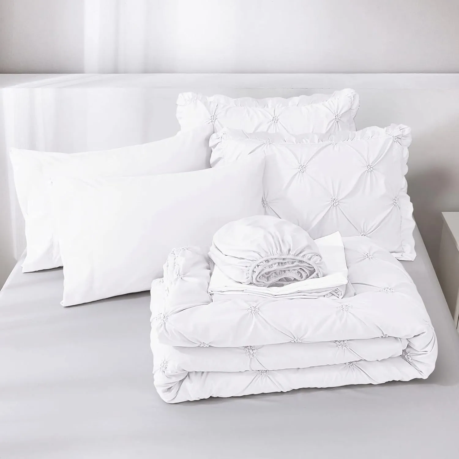 JOLLYVOGUE King Size Comforter Set 7 Pieces,White Bed in a Bag Comforter Set for Bedroom, Beddding Sets with Comforter, Sheets,Ruffled Shams & Pillowcases