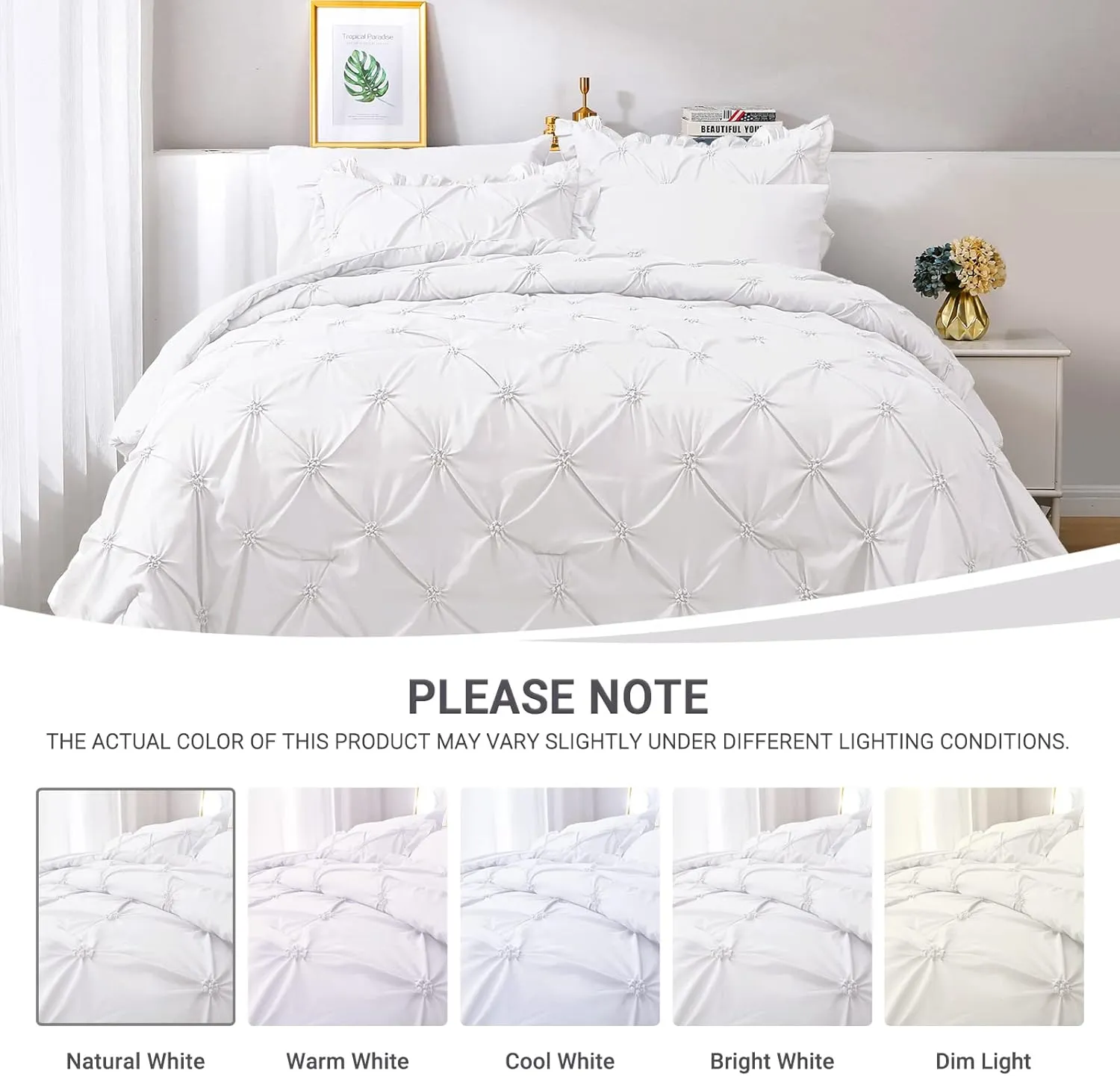 JOLLYVOGUE King Size Comforter Set 7 Pieces,White Bed in a Bag Comforter Set for Bedroom, Beddding Sets with Comforter, Sheets,Ruffled Shams & Pillowcases