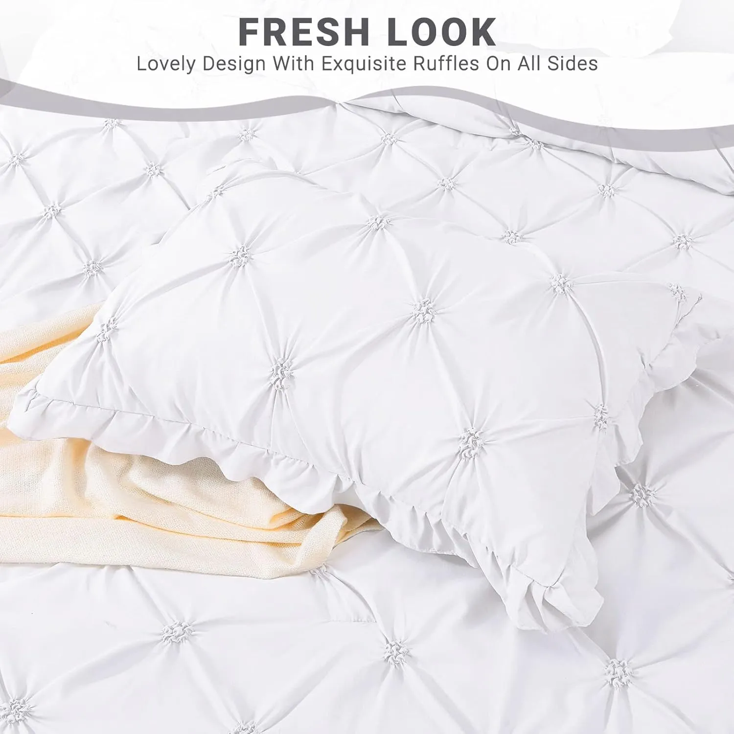 JOLLYVOGUE King Size Comforter Set 7 Pieces,White Bed in a Bag Comforter Set for Bedroom, Beddding Sets with Comforter, Sheets,Ruffled Shams & Pillowcases