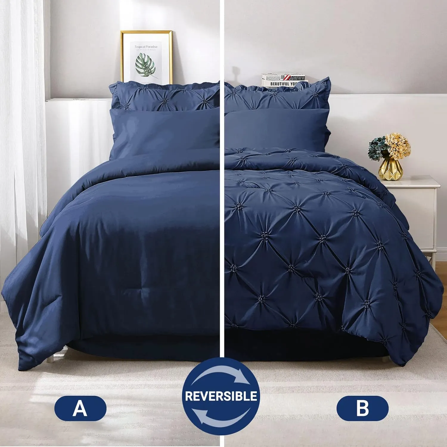 JOLLYVOGUE Queen Comforter Set 7 Pieces, Navy Blue Bed in a Bag Comforter Set for Bedroom, Bedding Comforter Sets with Comforter, Sheets,Ruffled Shams & Pillowcases