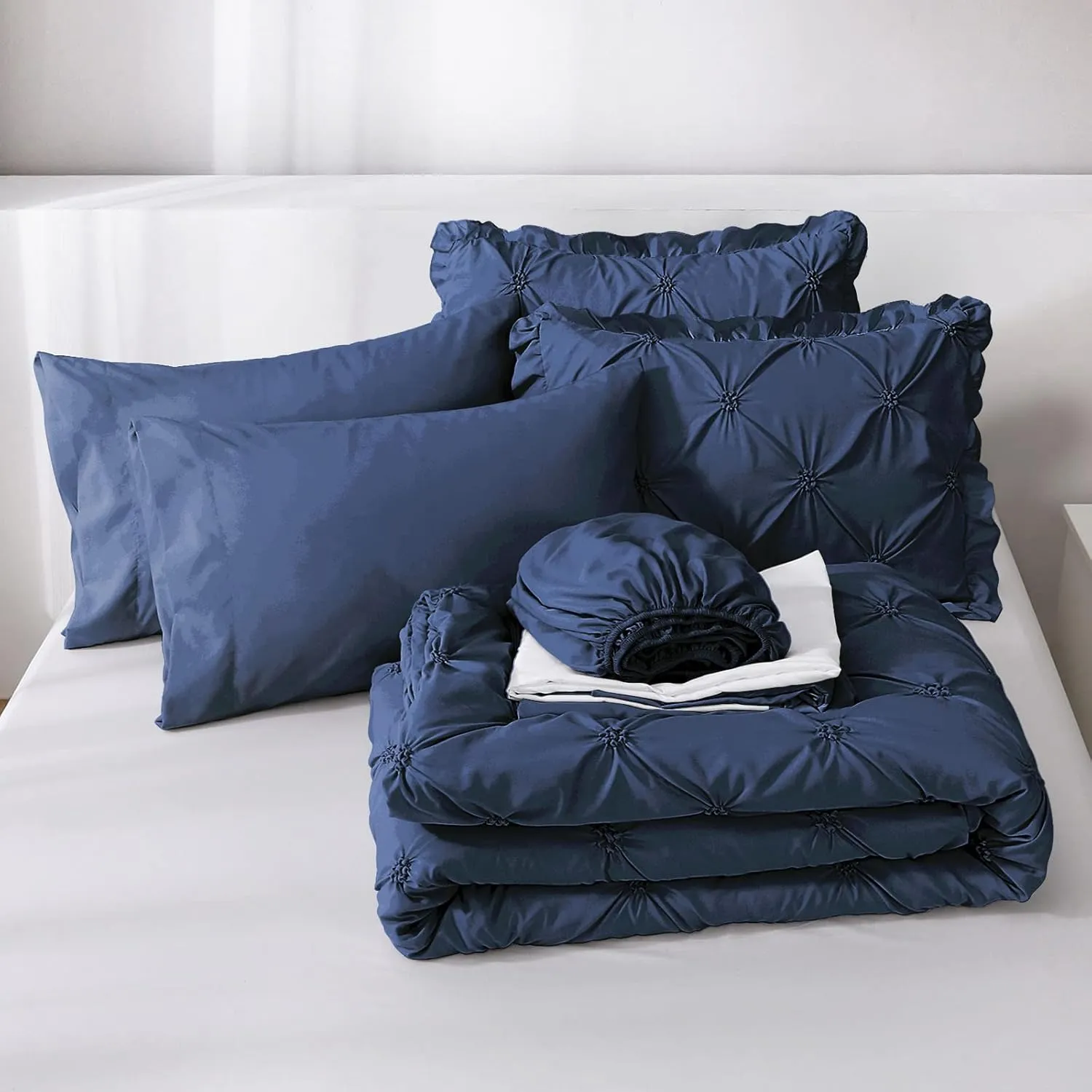 JOLLYVOGUE Queen Comforter Set 7 Pieces, Navy Blue Bed in a Bag Comforter Set for Bedroom, Bedding Comforter Sets with Comforter, Sheets,Ruffled Shams & Pillowcases