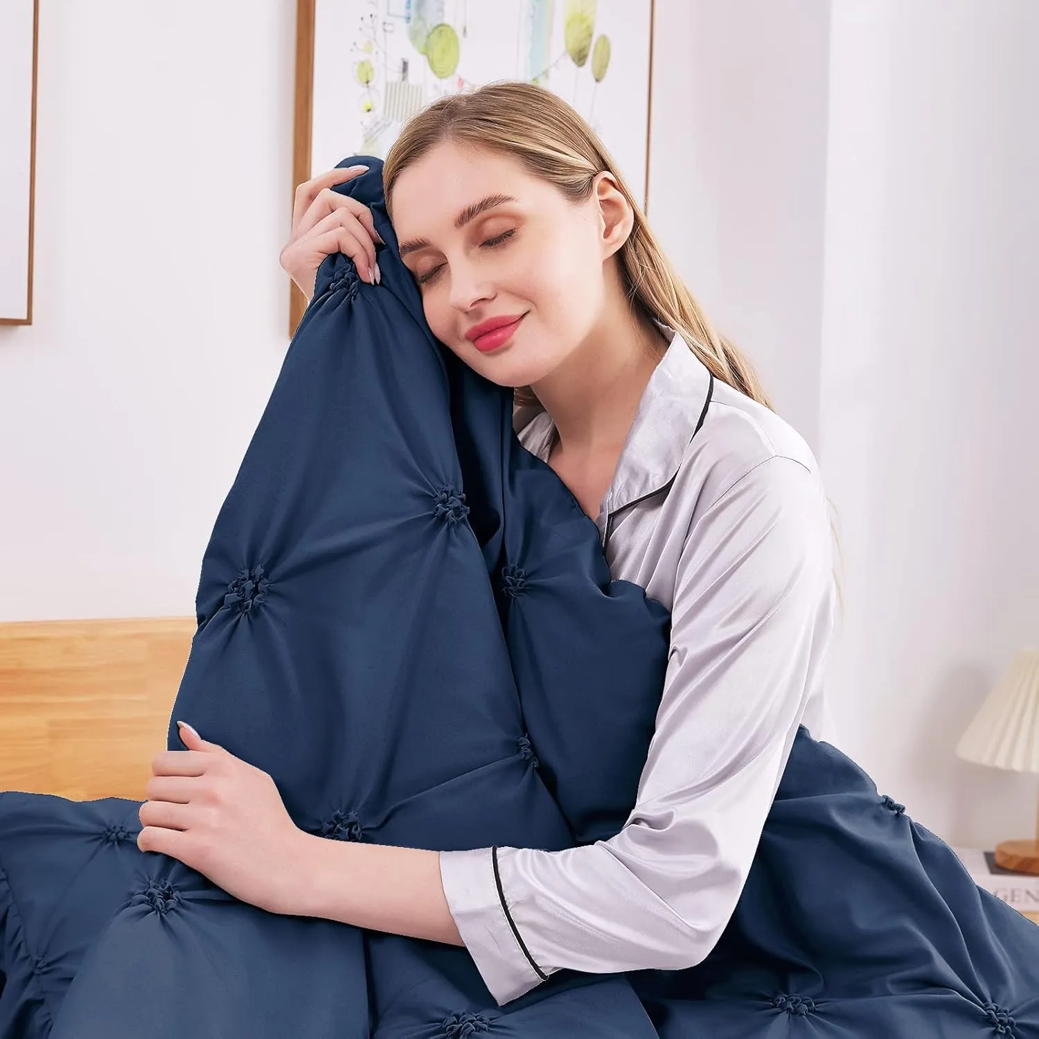 JOLLYVOGUE Queen Comforter Set 7 Pieces, Navy Blue Bed in a Bag Comforter Set for Bedroom, Bedding Comforter Sets with Comforter, Sheets,Ruffled Shams & Pillowcases