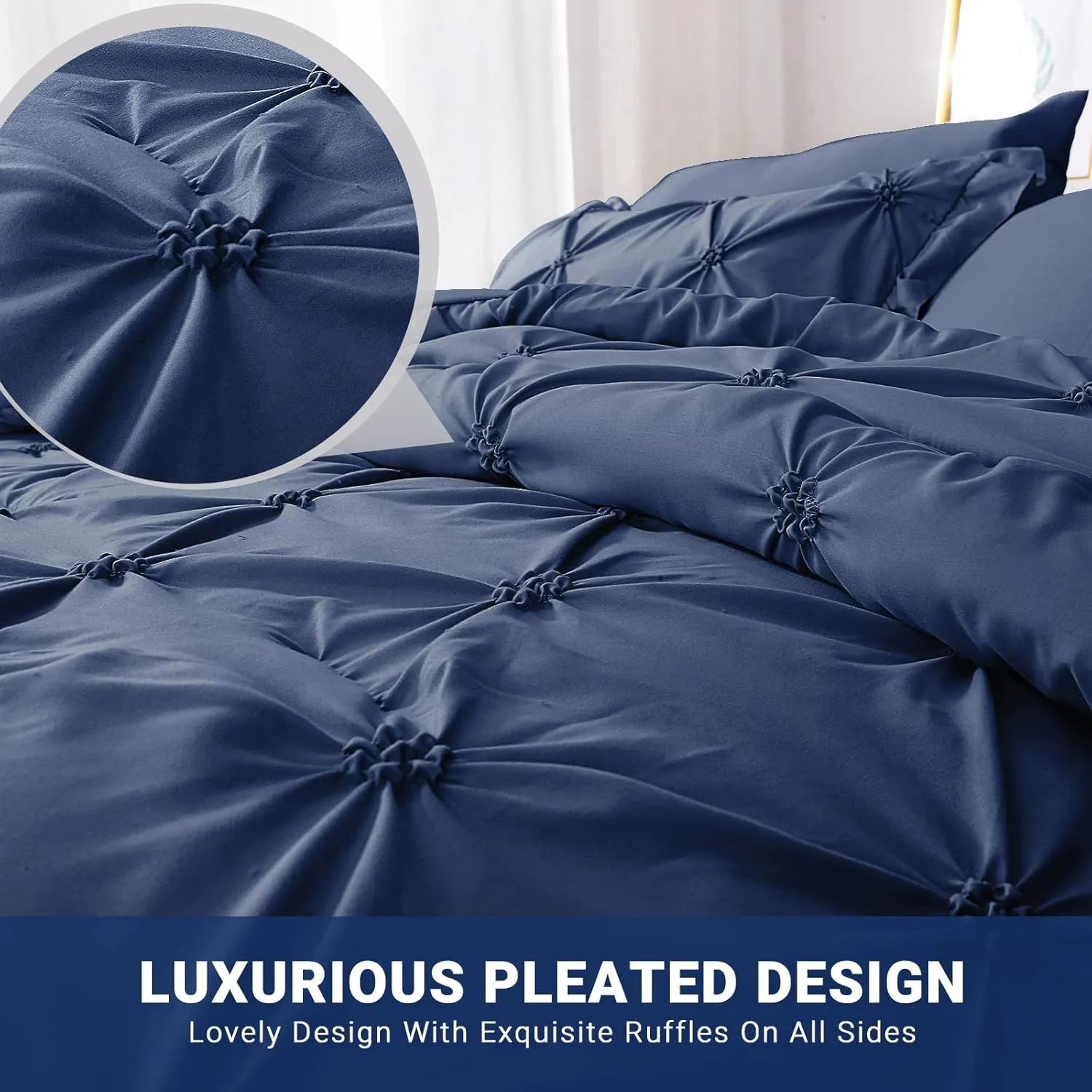 JOLLYVOGUE Queen Comforter Set 7 Pieces, Navy Blue Bed in a Bag Comforter Set for Bedroom, Bedding Comforter Sets with Comforter, Sheets,Ruffled Shams & Pillowcases